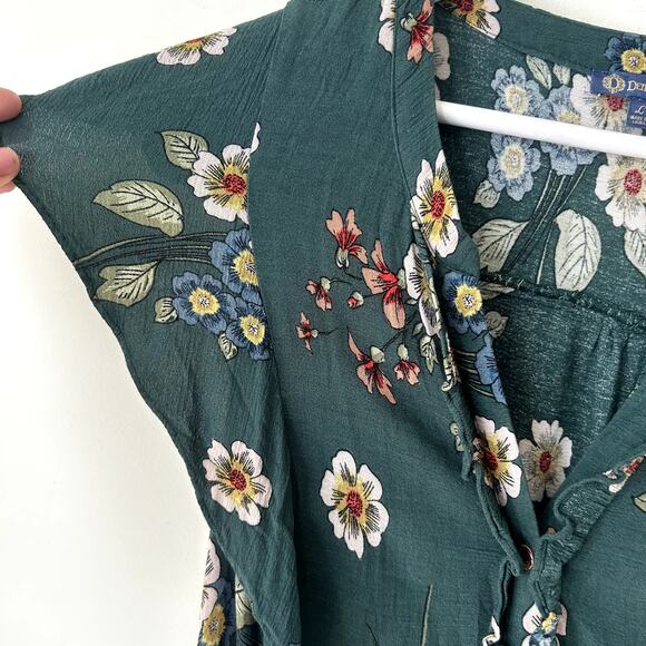 Democracy Jumpsuit Size L Floral Drawstring Waist Pants Green Romper Button Up - Picture 4 of 9